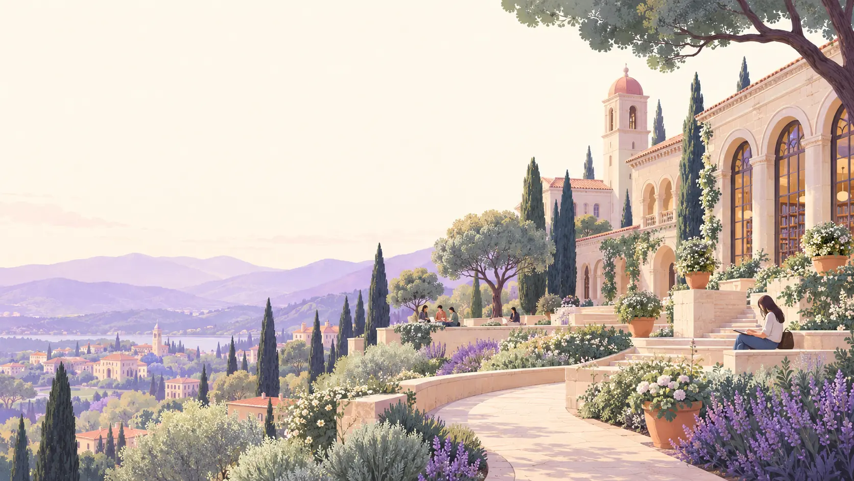 Ilustración: terrazas de un campus mediterráneo con lavanda y colinas lila al fondo